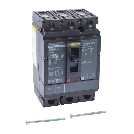 Schneider Electric HDL36015 Square D by Schneider Electric HDL36015 is a Moulded Case Circuit Breaker (MCCB) within the PowerPacT HDL sub-range, designed as a PowerPact H-Frame 150 TMD 3P 15A 600Vac/250Vdc 14kA with lugs 80% rated. It features a 3-pole (3P) configuration and offers both thermal protection (overload) and magnetic protection (short-circuit). The rated current is 15A, with a rated insulation voltage (Ui) of 750 V, and it operates at a rated voltage (AC) of 600Vac 600Y/347Vac. This unit is designed for individual unit mount on plate, has a net height of 163 mm, a net width of 104 mm, and a net depth of 86 mm. It provides a degree of protection of IP40 and operates via a toggle (manual) mode. Protection settings include over-current fixed at 15A, short-circuit hold current fixed at 350A, and short-circuit trip current fixed at 750A. The rated operating voltage (Ue) is 690 V, with a rated impulse voltage (Uimp) of 8 kV. The trip current rating is 15 AT, with a frame current rating of 150 AF. Its short circuit breaking rating includes 25kA (240Vac; UL489), 18kA (480Vac; UL489), 18kA (480Y/277Vac; UL489), 14kA (600Vac; UL489), 14kA (600Y/347Vac; UL489), and 20kA (250Vdc; UL489). The trip unit type is thermal-magnetic (fixed) with no display, and it falls under utilisation category A. Schneider Electric HDL36015 Square D by Schneider Electric HDL36015 is a Moulded Case Circuit Breaker (MCCB) within the PowerPacT HDL sub-range, designed as a PowerPact H-Frame 150 TMD 3P 15A 600Vac/250Vdc 14kA with lugs 80% rated. It features a 3-pole (3P) configuration and offers both thermal protection (overload) and magnetic protection (short-circuit). The rated current is 15A, with a rated insulation voltage (Ui) of 750 V, and it operates at a rated voltage (AC) of 600Vac 600Y/347Vac. This unit is designed for individual unit mount on plate, has a net height of 163 mm, a net width of 104 mm, and a net depth of 86 mm. It provides a degree of protection of IP40 and operates via a toggle (manual) mode. Protection settings include over-current fixed at 15A, short-circuit hold current fixed at 350A, and short-circuit trip current fixed at 750A. The rated operating voltage (Ue) is 690 V, with a rated impulse voltage (Uimp) of 8 kV. The trip current rating is 15 AT, with a frame current rating of 150 AF. Its short circuit breaking rating includes 25kA (240Vac; UL489), 18kA (480Vac; UL489), 18kA (480Y/277Vac; UL489), 14kA (600Vac; UL489), 14kA (600Y/347Vac; UL489), and 20kA (250Vdc; UL489). The trip unit type is thermal-magnetic (fixed) with no display, and it falls under utilisation category A.