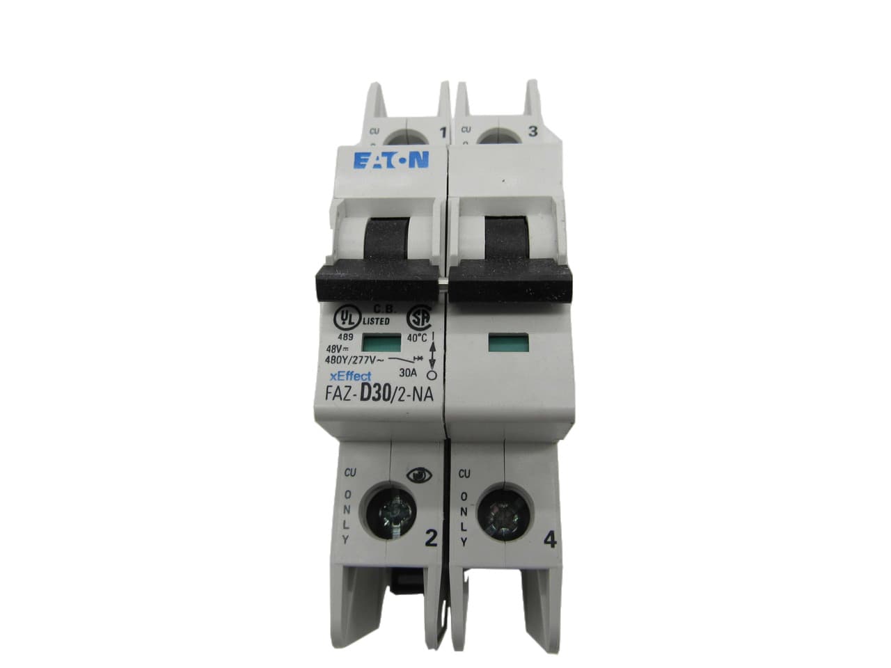 Eaton FAZ-D30/2-NA 277/480 VAC 50/60 Hz, 30 A, 2-Pole, 10/14 kA, 10 to 20 x Rated Current, Screw Terminal, DIN Rail Mount, Standard Packaging, D-Curve, Current Limiting, Thermal Magnetic Eaton FAZ-D30/2-NA 277/480 VAC 50/60 Hz, 30 A, 2-Pole, 10/14 kA, 10 to 20 x Rated Current, Screw Terminal, DIN Rail Mount, Standard Packaging, D-Curve, Current Limiting, Thermal Magnetic