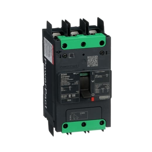 Schneider Electric BGF36060 Square D by Schneider Electric BGF36060 is a Moulded Case Circuit Breaker (MCCB) within the PowerPacT BGF sub-range, featuring a PowerPact B-Frame 100 TMD 3P-3t design. It has a rated current of 60A and operates at a rated voltage of 600Vac 600Y/347Vac, with a rated impulse voltage (Uimp) of 8 kV. The connection type is a terminal nut kit for fixed busbar connection on both line and load sides, offering a degree of protection of IP40. This MCCB has a mechanical durability of 15,000 operations and can be mounted on a DIN rail or as an individual unit on a plate. It has three poles (3P) and falls under utilisation category A. The dimensions are 137 mm in height, 80 mm in depth, and 81 mm in width. It provides over-current protection fixed at 60A, short-circuit hold current protection fixed at 640A, and short-circuit trip current protection fixed at 960A. The rated insulation voltage (Ui) is 800 V, with a rated operating voltage (Ue) of 525 V. It features thermal protection for overload and magnetic protection for short-circuits, with a trip current rating of 60 AT. The electrical durability with load is 10,000 operations at 440Vac. The frame current rating is 100 AF, and it operates via a toggle (manual). The short circuit breaking rating varies: 65kA at 240Vac, 35kA at 480Vac and 480Y/277Vac, 18kA at 600Y/347Vac, and 20kA at 250Vdc, all according to UL489 standards. The trip unit type is thermal-magnetic (fixed) with no display. Schneider Electric BGF36060 Square D by Schneider Electric BGF36060 is a Moulded Case Circuit Breaker (MCCB) within the PowerPacT BGF sub-range, featuring a PowerPact B-Frame 100 TMD 3P-3t design. It has a rated current of 60A and operates at a rated voltage of 600Vac 600Y/347Vac, with a rated impulse voltage (Uimp) of 8 kV. The connection type is a terminal nut kit for fixed busbar connection on both line and load sides, offering a degree of protection of IP40. This MCCB has a mechanical durability of 15,000 operations and can be mounted on a DIN rail or as an individual unit on a plate. It has three poles (3P) and falls under utilisation category A. The dimensions are 137 mm in height, 80 mm in depth, and 81 mm in width. It provides over-current protection fixed at 60A, short-circuit hold current protection fixed at 640A, and short-circuit trip current protection fixed at 960A. The rated insulation voltage (Ui) is 800 V, with a rated operating voltage (Ue) of 525 V. It features thermal protection for overload and magnetic protection for short-circuits, with a trip current rating of 60 AT. The electrical durability with load is 10,000 operations at 440Vac. The frame current rating is 100 AF, and it operates via a toggle (manual). The short circuit breaking rating varies: 65kA at 240Vac, 35kA at 480Vac and 480Y/277Vac, 18kA at 600Y/347Vac, and 20kA at 250Vdc, all according to UL489 standards. The trip unit type is thermal-magnetic (fixed) with no display.
