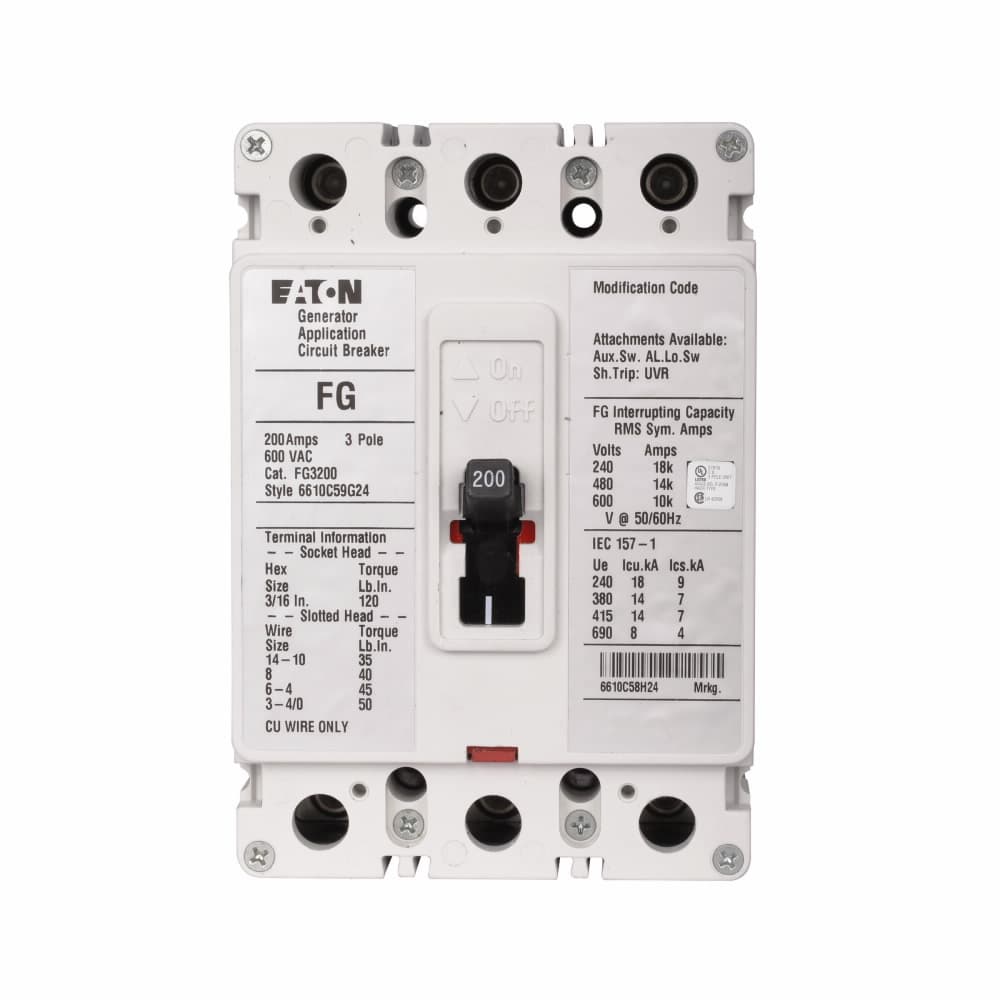 Eaton FG3200S02 Eaton Series C complete molded case circuit breaker, F-frame, FG, Fixed thermal and magnetic trips, Three-pole, 200A, 600 Vac, 18 kAIC at 240 Vac, 14 kAIC at 480 Vac, Line/load, 12-24 Vac/dc rear w/ left pigtail, Reverse, 60 Hz Eaton FG3200S02 Eaton Series C complete molded case circuit breaker, F-frame, FG, Fixed thermal and magnetic trips, Three-pole, 200A, 600 Vac, 18 kAIC at 240 Vac, 14 kAIC at 480 Vac, Line/load, 12-24 Vac/dc rear w/ left pigtail, Reverse, 60 Hz