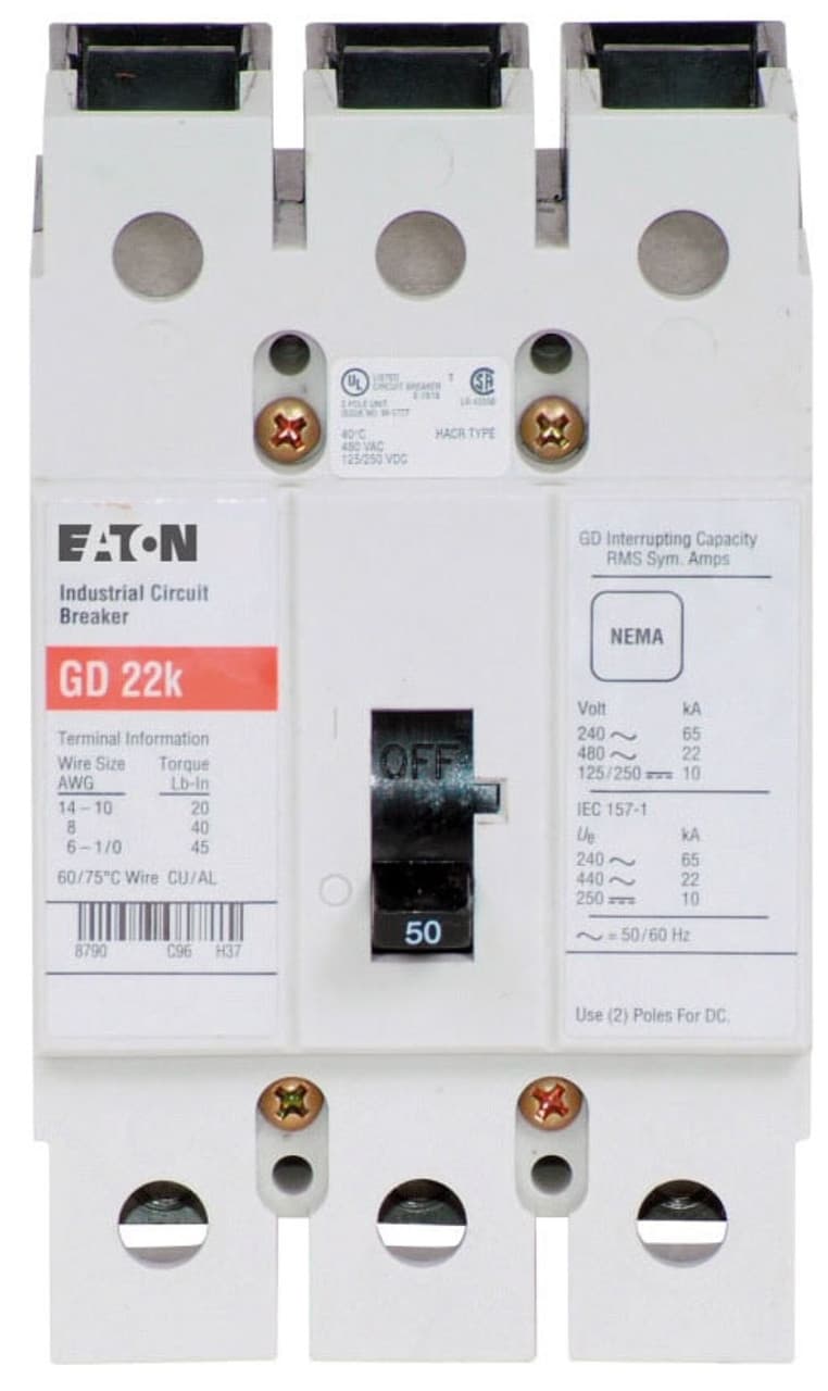 Eaton GD3050 GD3050 Eaton - Eaton Series C complete molded case circuit breaker, G-frame, GD, Complete breaker, Fixed thermal, fixed magnetic trip type, Three-pole, 50A, 480 Vac, 125/250 Vdc, 65 kAIC at 240 Vac, 14 kAIC at 480 Vac, 50/60 Hz Eaton GD3050 GD3050 Eaton - Eaton Series C complete molded case circuit breaker, G-frame, GD, Complete breaker, Fixed thermal, fixed magnetic trip type, Three-pole, 50A, 480 Vac, 125/250 Vdc, 65 kAIC at 240 Vac, 14 kAIC at 480 Vac, 50/60 Hz