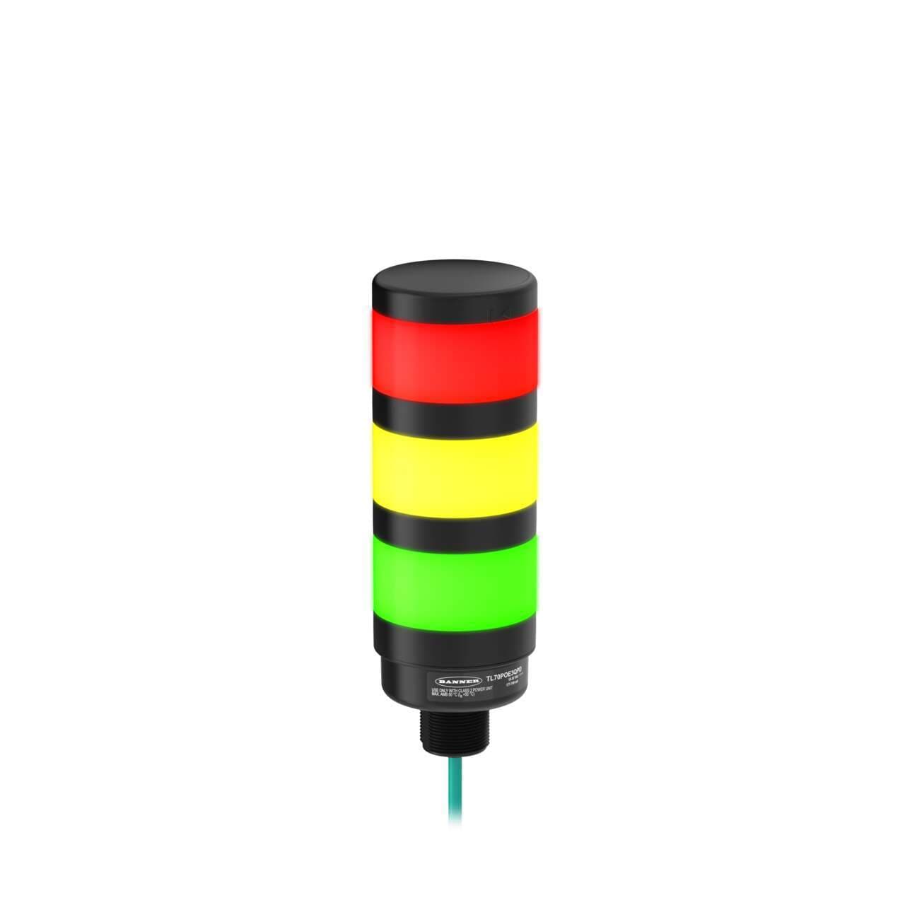Banner TL70POE3QPD Banner TL70POE3QPD - TL70 Pro Tower Light Power Over Ethernet; 3 RGB LED Segments; Voltage: 37-57 V dc; IP65; Black Housing; Colors: 14-color RGB; PVC Pigtail, 475 mm (18.7 in) 4-pin M12 D-Code Female; Black Housing Banner TL70POE3QPD Banner TL70POE3QPD - TL70 Pro Tower Light Power Over Ethernet; 3 RGB LED Segments; Voltage: 37-57 V dc; IP65; Black Housing; Colors: 14-color RGB; PVC Pigtail, 475 mm (18.7 in) 4-pin M12 D-Code Female; Black Housing