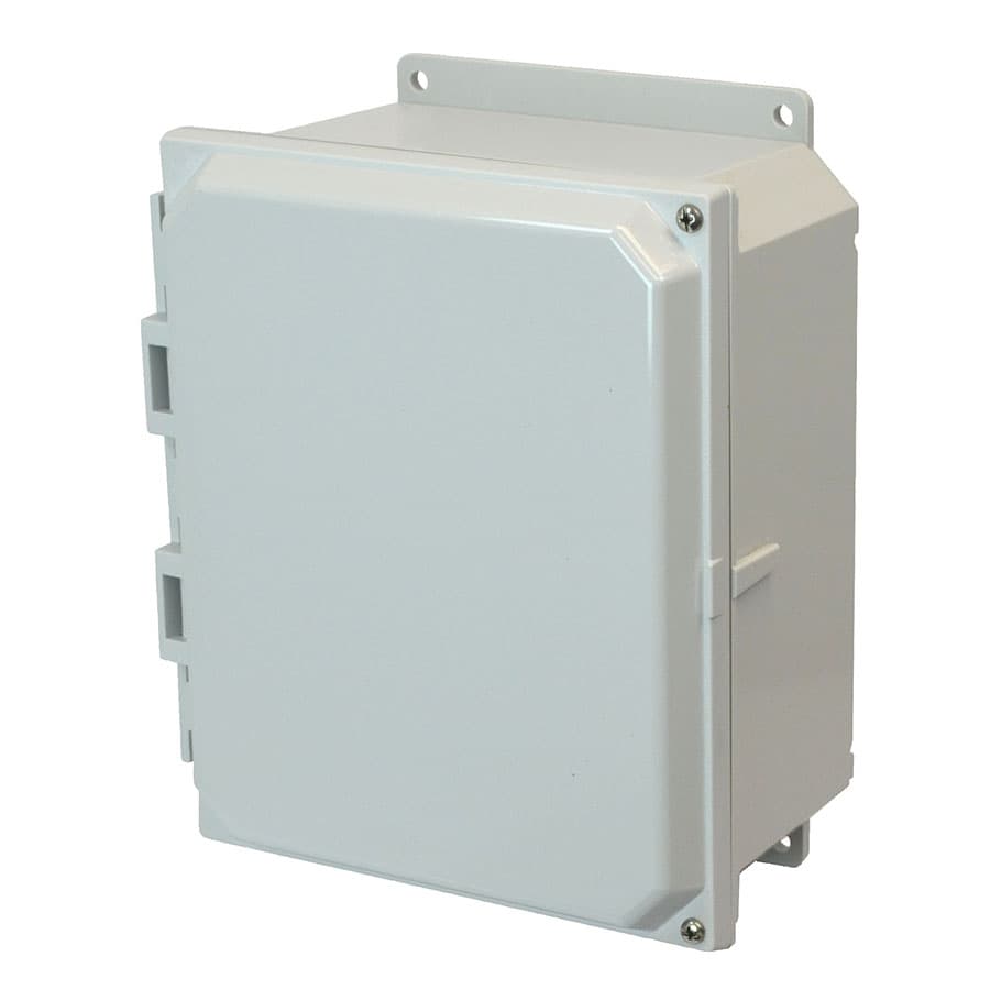 Allied Moulded Products AMP1084HF 10"x8"x4" POLYLINE® polycarbonate wall mount enclosure assembly with 2-screw hinged cover Allied Moulded Products AMP1084HF 10"x8"x4" POLYLINE® polycarbonate wall mount enclosure assembly with 2-screw hinged cover