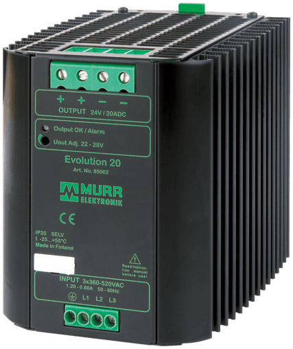 Murr Elektronik 85002 85002 Murrelektronik - EVOLUTION POWER SUPPLY 3-PHASE, IN: 360-520VAC OUT: 22-28V/20ADC, Allows continuous two-phase- operation, Extra-power - for 4 seconds 50% additional power Murr Elektronik 85002 85002 Murrelektronik - EVOLUTION POWER SUPPLY 3-PHASE, IN: 360-520VAC OUT: 22-28V/20ADC, Allows continuous two-phase- operation, Extra-power - for 4 seconds 50% additional power