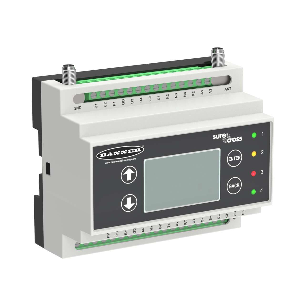 Banner DXM1000-B1R3 DXM1000 Controller; DX80 Performance Gateway 2.4 GHz 65 mW; Inputs: 4 Universal; Outputs: 4 NMOS Discrete, 2 Selectable Analog, 2 Switched Power, 1 Courtesy Power; M7 Processor, 16MB Memory, LCD Display; RS485, Ethernet, USB, CAN, RS232, Solar/Battery Controller Banner DXM1000-B1R3 DXM1000 Controller; DX80 Performance Gateway 2.4 GHz 65 mW; Inputs: 4 Universal; Outputs: 4 NMOS Discrete, 2 Selectable Analog, 2 Switched Power, 1 Courtesy Power; M7 Processor, 16MB Memory, LCD Display; RS485, Ethernet, USB, CAN, RS232, Solar/Battery Controller