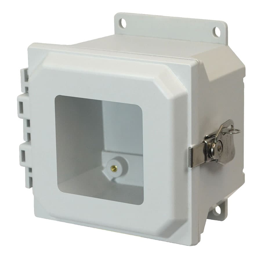 Allied Moulded Products AMU664TWF 6"x6"x4" ULTRALINE® fiberglass wall mount enclosure assembly with hinged window cover and stainless-steel twist latch Allied Moulded Products AMU664TWF 6"x6"x4" ULTRALINE® fiberglass wall mount enclosure assembly with hinged window cover and stainless-steel twist latch