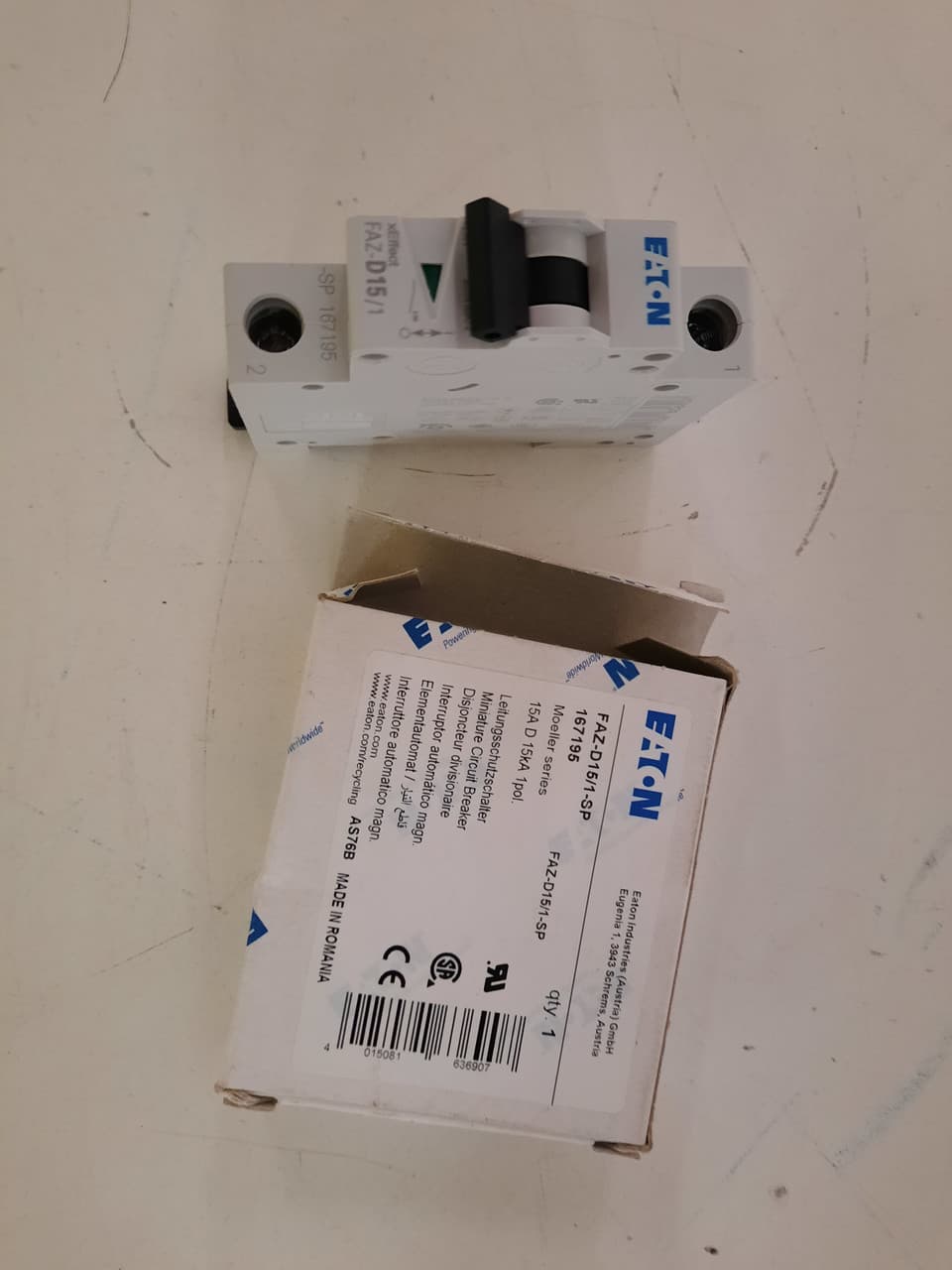 Eaton FAZ-D15/1-SP Eaton FAZ supplementary protector,UL 1077 Industrial miniature circuit breaker-supplementary protector,Single package,High levels of inrush current are expected,15 A,15 kAIC,Single-pole,277 V,10-20X/n,Q38,50-60 Hz,Standard terminals,D Curve Eaton FAZ-D15/1-SP Eaton FAZ supplementary protector,UL 1077 Industrial miniature circuit breaker-supplementary protector,Single package,High levels of inrush current are expected,15 A,15 kAIC,Single-pole,277 V,10-20X/n,Q38,50-60 Hz,Standard terminals,D Curve