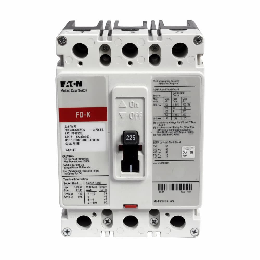 Eaton FD3225LS08 FD3225LS08 Eaton - Eaton Series C complete molded case circuit breaker, F-frame, FD, Fixed thermal and magnetic trips, Three-pole, 225A, 600 Vac, 250 Vdc, 65 kAIC at 240 Vac, 35 kAIC at 480 Vac, Line/load, 48-127 Vac or 48-60 Vdc same side left term. Eaton FD3225LS08 FD3225LS08 Eaton - Eaton Series C complete molded case circuit breaker, F-frame, FD, Fixed thermal and magnetic trips, Three-pole, 225A, 600 Vac, 250 Vdc, 65 kAIC at 240 Vac, 35 kAIC at 480 Vac, Line/load, 48-127 Vac or 48-60 Vdc same side left term.