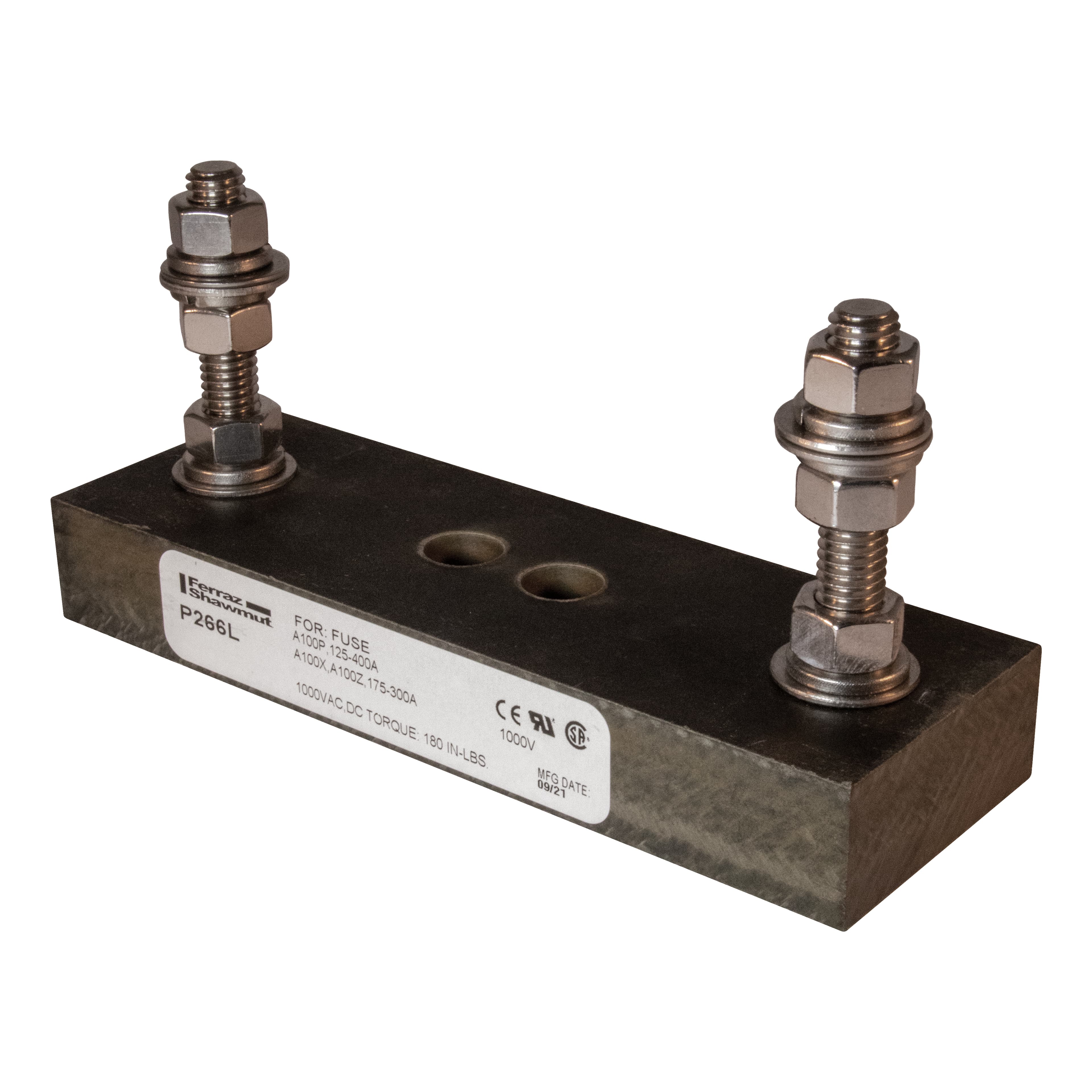 Mersen P266L P266L Mersen - Fuse Block 1000VAC 1000VDC 400A 1-Pole Stud center to center: 4.66 inch Mersen P266L P266L Mersen - Fuse Block 1000VAC 1000VDC 400A 1-Pole Stud center to center: 4.66 inch