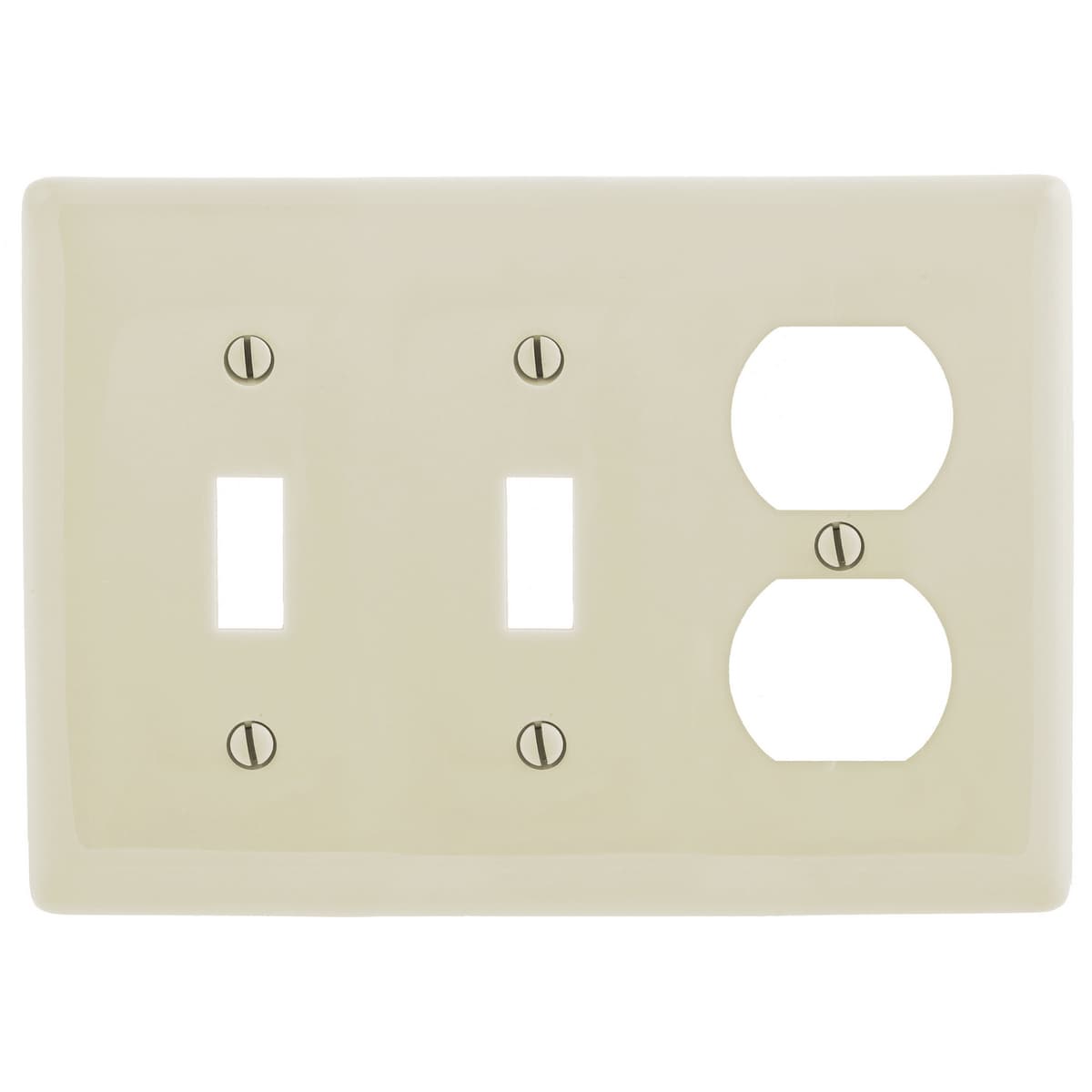Hubbell NP28LA Wallplates and Box Covers, Wallplate, Nylon, 3-Gang, 2) Toggle 1) Duplex, Light Almond ; Reinforcement ribs for extra strength ; High-impact, self-extinguishing nylon material ; Captive screw feature holds mounting screw in place ; Standard Size is 1/8" Hubbell NP28LA Wallplates and Box Covers, Wallplate, Nylon, 3-Gang, 2) Toggle 1) Duplex, Light Almond ; Reinforcement ribs for extra strength ; High-impact, self-extinguishing nylon material ; Captive screw feature holds mounting screw in place ; Standard Size is 1/8"