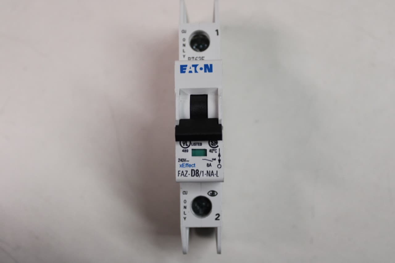Eaton FAZ-D8/1-NA-L Miniature circuir breaker, 1 pole, 8 A, D trip curve, 240 VAC, screw terminals, UL489 Eaton FAZ-D8/1-NA-L Miniature circuir breaker, 1 pole, 8 A, D trip curve, 240 VAC, screw terminals, UL489