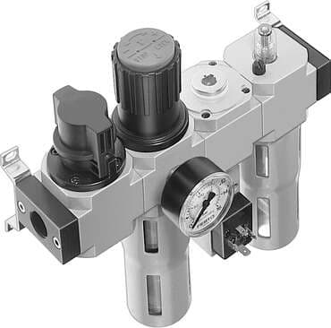 Festo 186058 service unit FRC-1/2-D-MAXI-KC-A consisting of manual on/off valve, filter regulator, distributor module with pressure switch but without socket, and lubricator with mounting brackets. With automatic condensate drain and metal bowl guard. Size: Maxi, Seri Festo 186058 service unit FRC-1/2-D-MAXI-KC-A consisting of manual on/off valve, filter regulator, distributor module with pressure switch but without socket, and lubricator with mounting brackets. With automatic condensate drain and metal bowl guard. Size: Maxi, Seri