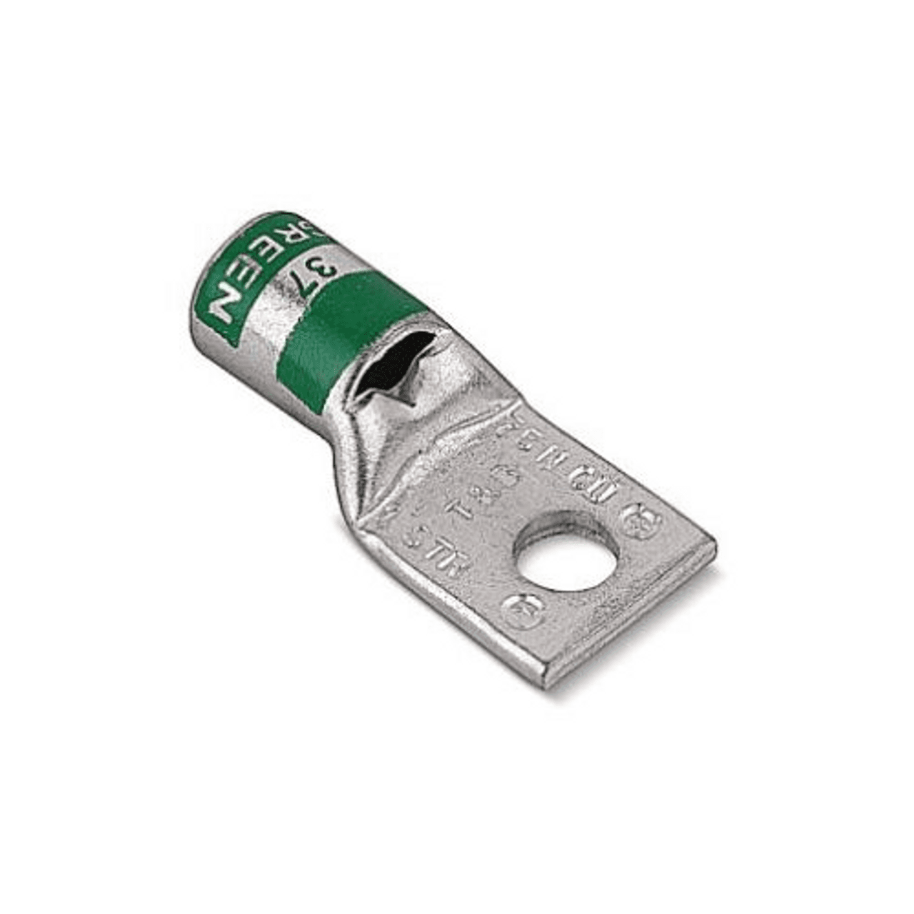 Thomas & Betts 54108 600 V to 35 kV, 1/4" Stud, 1.5" L, 1 AWG, Green, Electro Tin Plated Wrought Copper, 1-Hole, Standard, Straight Barrel, Compression Cable Lug Thomas & Betts 54108 600 V to 35 kV, 1/4" Stud, 1.5" L, 1 AWG, Green, Electro Tin Plated Wrought Copper, 1-Hole, Standard, Straight Barrel, Compression Cable Lug