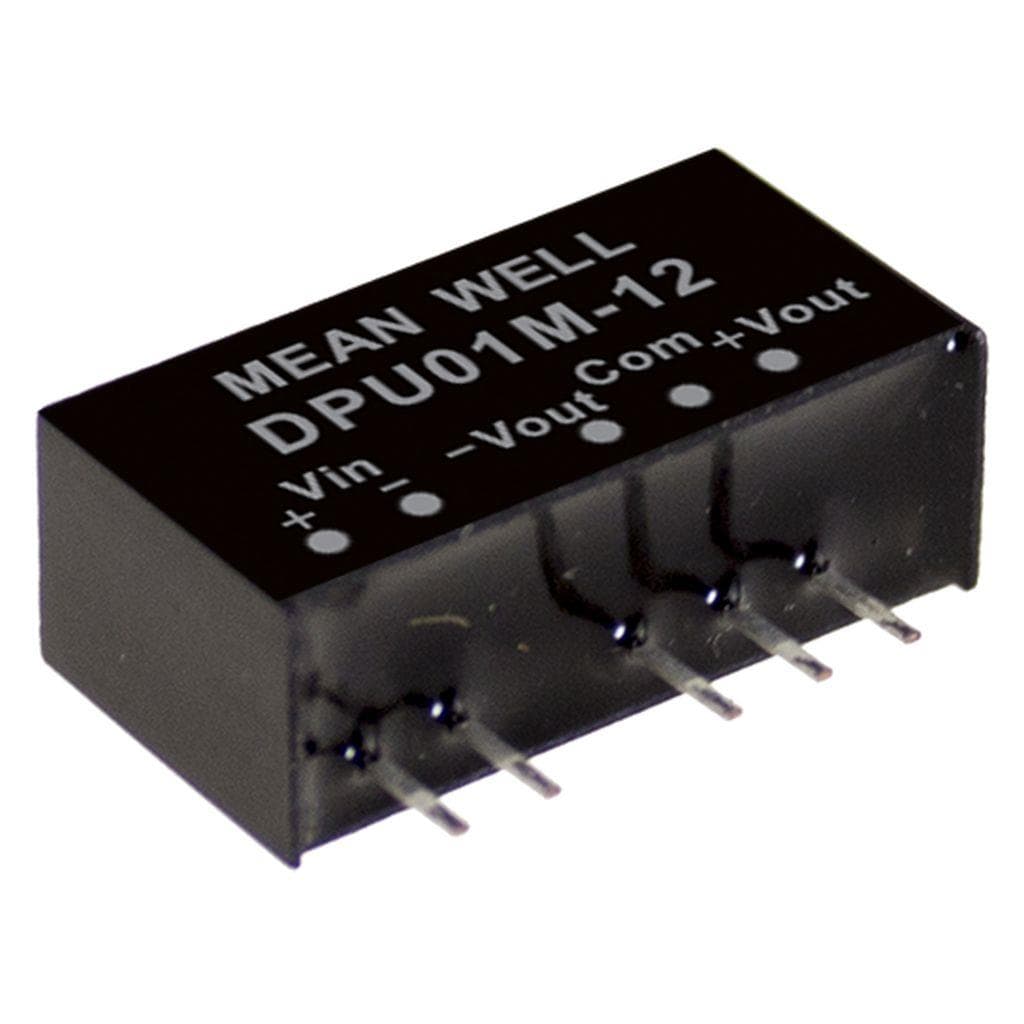 MEAN WELL DPU01L-15 DC-DC Converter PCB mount; Input 4.5-5.5Vdc; Dual Output ±15Vdc at 0.033A; SIP Through hole package MEAN WELL DPU01L-15 DC-DC Converter PCB mount; Input 4.5-5.5Vdc; Dual Output ±15Vdc at 0.033A; SIP Through hole package