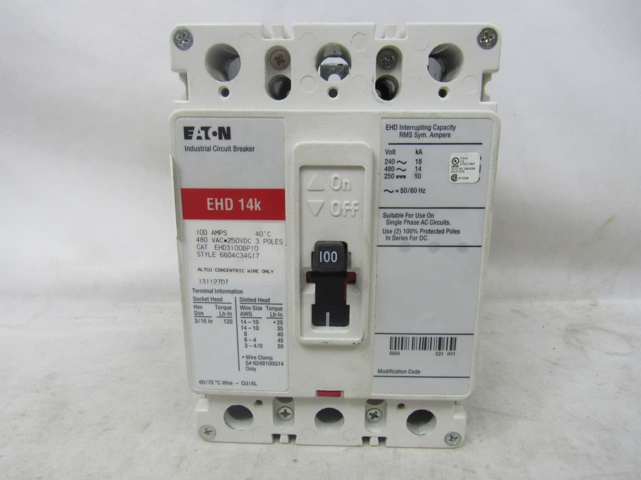 Eaton EHD3100 EHD3100 Eaton - Eaton Series C complete molded case circuit breaker, F-frame, EHD, Complete breaker, Fixed thermal, Fixed magnetic trip type, Three-pole, 100 A, Load side, 50/60 Hz Eaton EHD3100 EHD3100 Eaton - Eaton Series C complete molded case circuit breaker, F-frame, EHD, Complete breaker, Fixed thermal, Fixed magnetic trip type, Three-pole, 100 A, Load side, 50/60 Hz