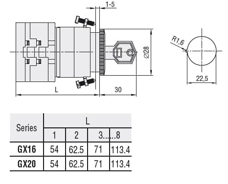 Lovato Electric GX1654U12 GX1654U12 Lovato - Rotary cam switch GX series, changeover switch without 0, 1 pole 16A, for front mounting without front plate with key operation for hole dia: 22mm fixing Lovato Electric GX1654U12 GX1654U12 Lovato - Rotary cam switch GX series, changeover switch without 0, 1 pole 16A, for front mounting without front plate with key operation for hole dia: 22mm fixing