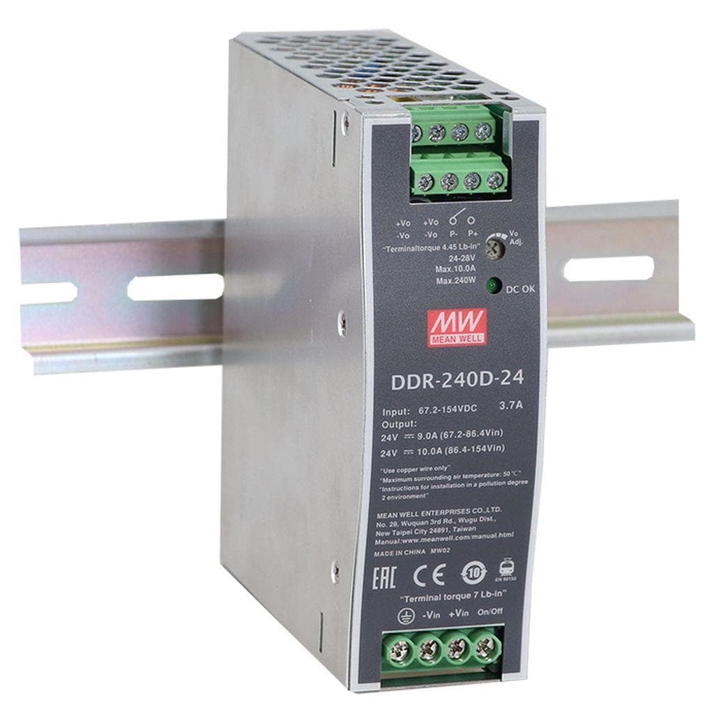 MEAN WELL DDR-240C-24 DC-DC Ultra slim Industrial DIN rail converter; Input 33.6-67.2Vdc; Single Output 24Vdc at 10A MEAN WELL DDR-240C-24 DC-DC Ultra slim Industrial DIN rail converter; Input 33.6-67.2Vdc; Single Output 24Vdc at 10A