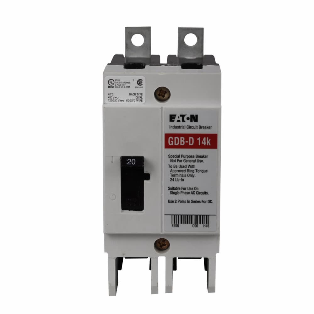 Eaton GDB2020CV GDB2020CV Eaton - Eaton Series C complete molded case circuit breaker, G-frame, GDB, Complete breaker, Fixed thermal, fixed magnetic trip type, Two-pole, 20A, 480 Vac, 125/250 Vdc, 14 kAIC at 480 Vac, Copper, 50°C, 50/60 Hz Eaton GDB2020CV GDB2020CV Eaton - Eaton Series C complete molded case circuit breaker, G-frame, GDB, Complete breaker, Fixed thermal, fixed magnetic trip type, Two-pole, 20A, 480 Vac, 125/250 Vdc, 14 kAIC at 480 Vac, Copper, 50°C, 50/60 Hz