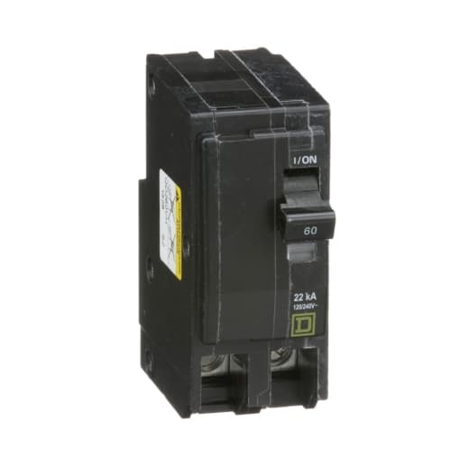 Schneider Electric QO260VH Square D by Schneider Electric QO260VH is a Miniature Circuit Breaker (MCB) designed for plug-in mounting. It features a rated current of 60A and accommodates a plug-in connection type. This MCB operates at a rated voltage of 120V to 240V AC and is suitable for cables with a cross-section of 8-2AWG (1 cable Al/Cu). It is a 2 Pole circuit breaker with a short circuit breaking rating of 22kA at 240Vac. The QO260VH is equipped with box lugs type of terminals. Schneider Electric QO260VH Square D by Schneider Electric QO260VH is a Miniature Circuit Breaker (MCB) designed for plug-in mounting. It features a rated current of 60A and accommodates a plug-in connection type. This MCB operates at a rated voltage of 120V to 240V AC and is suitable for cables with a cross-section of 8-2AWG (1 cable Al/Cu). It is a 2 Pole circuit breaker with a short circuit breaking rating of 22kA at 240Vac. The QO260VH is equipped with box lugs type of terminals.