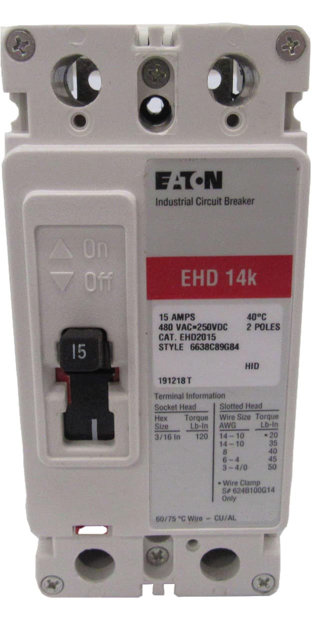 Eaton EHD2015 EHD2015 Eaton - Eaton Series C complete molded case circuit breaker, F-frame, EHD, Complete breaker, Fixed thermal, Fixed magnetic trip type, Two-pole, 15 A, Load side, 50/60 Hz Eaton EHD2015 EHD2015 Eaton - Eaton Series C complete molded case circuit breaker, F-frame, EHD, Complete breaker, Fixed thermal, Fixed magnetic trip type, Two-pole, 15 A, Load side, 50/60 Hz
