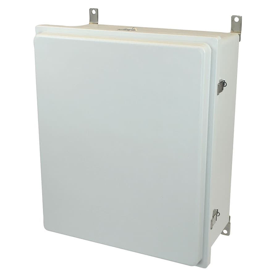 Allied Moulded Products AM24200RL 24"x20"x10" Control Series fiberglass wall mount enclosure assembly with raised hinged cover and stainless-steel snap latches Allied Moulded Products AM24200RL 24"x20"x10" Control Series fiberglass wall mount enclosure assembly with raised hinged cover and stainless-steel snap latches