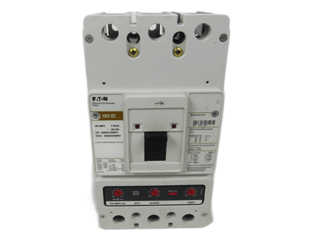 Eaton HKDDC3250WF01 HKDDC3250WF01 Eaton - Eaton Series C DC/PvGard complete molded case circuit breaker, K-frame, HKD, Complete breaker, Interchangeable thermal-magnetic trip type, Three-pole, 250A, 600 Vac, 250 Vdc, 42 kAIC at 600 Vac, Without terminals, Vdc, Freeze tested Eaton HKDDC3250WF01 HKDDC3250WF01 Eaton - Eaton Series C DC/PvGard complete molded case circuit breaker, K-frame, HKD, Complete breaker, Interchangeable thermal-magnetic trip type, Three-pole, 250A, 600 Vac, 250 Vdc, 42 kAIC at 600 Vac, Without terminals, Vdc, Freeze tested