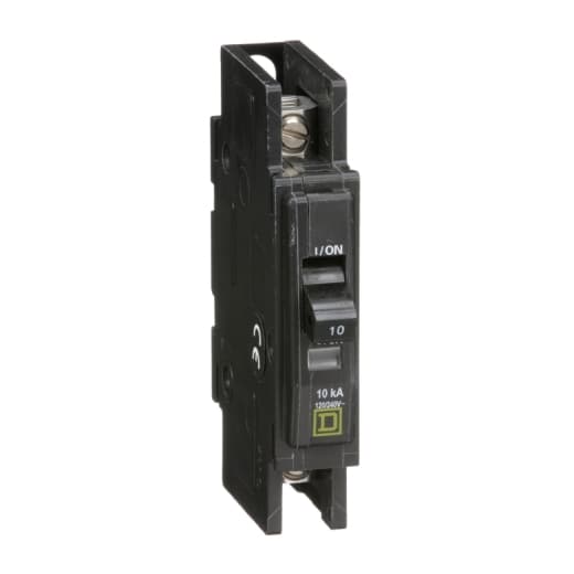 Schneider Electric QOU110 Square D by Schneider Electric QOU110 is a unit-mount Miniature Circuit Breaker (MCB) designed for a single pole configuration. It features slotted box lugs connections on both the load and line sides, accommodating a cross-section of 14-2AWG for one aluminum or copper cable. This MCB is rated for a current of 10A and supports rated voltages of 48Vdc and 120V/240V AC. It has a short circuit breaking rating of 10kA at 240Vac and 5kA at 277Vac. The terminals are of the box lugs type, facilitating secure and straightforward installations. Schneider Electric QOU110 Square D by Schneider Electric QOU110 is a unit-mount Miniature Circuit Breaker (MCB) designed for a single pole configuration. It features slotted box lugs connections on both the load and line sides, accommodating a cross-section of 14-2AWG for one aluminum or copper cable. This MCB is rated for a current of 10A and supports rated voltages of 48Vdc and 120V/240V AC. It has a short circuit breaking rating of 10kA at 240Vac and 5kA at 277Vac. The terminals are of the box lugs type, facilitating secure and straightforward installations.