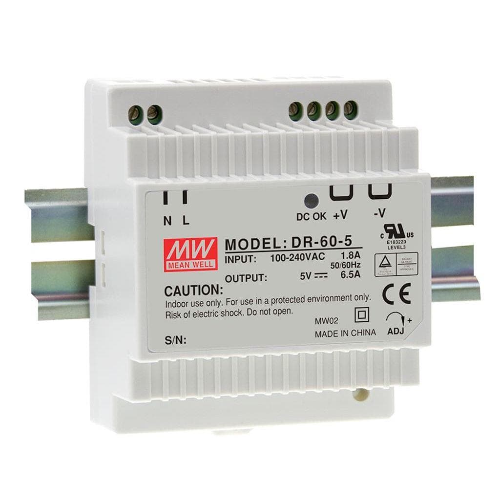 MEAN WELL DR-60-5 AC-DC Industrial DIN rail power supply; Output 5Vdc at 6.5A; plastic T-shape case; DR-60-5 is succeeded by HDR-60-5. MEAN WELL DR-60-5 AC-DC Industrial DIN rail power supply; Output 5Vdc at 6.5A; plastic T-shape case; DR-60-5 is succeeded by HDR-60-5.
