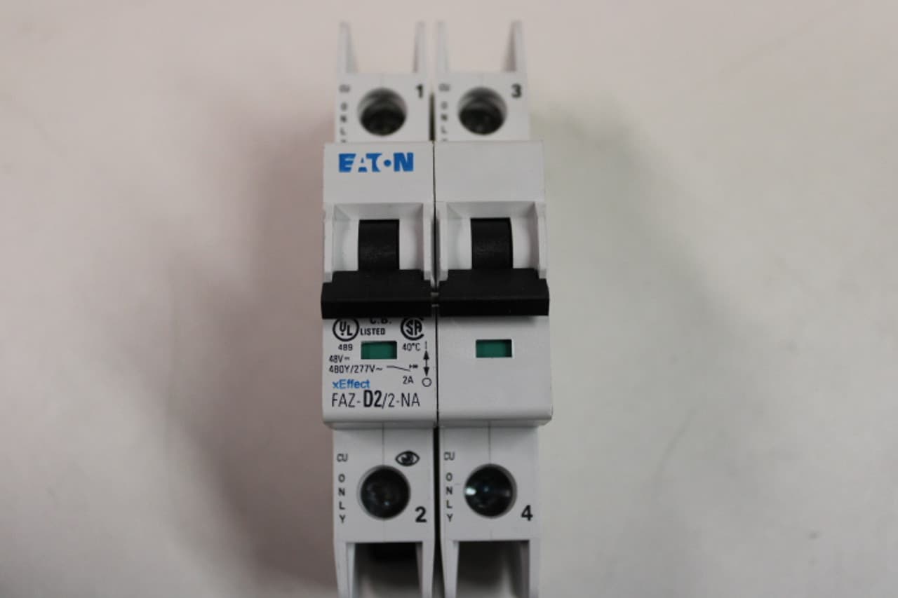 Eaton FAZ-D2/2-NA 277/480 VAC, 96 VDC, 2 A, 10 kA, 10 to 20 x Rated Current, 2-Pole, Screw Terminal, DIN Rail Mount, Current Limiting, Thermal Magnetic Eaton FAZ-D2/2-NA 277/480 VAC, 96 VDC, 2 A, 10 kA, 10 to 20 x Rated Current, 2-Pole, Screw Terminal, DIN Rail Mount, Current Limiting, Thermal Magnetic