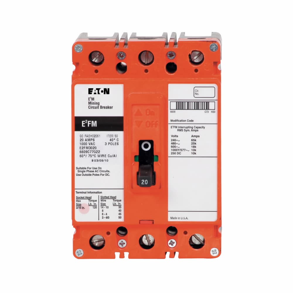 Eaton E2FM100RMA02 E2FM100RMA02 Eaton - Eaton E2 mining complete molded case circuit breaker, F-frame, E2FM, Non-interchangeable magnetic only trip, 300-1000A trip rating, Three-pole, 100A, 1000Y/577 Vac, 250 Vdc, Line and load, Mining, 1A-1B rear w/ left pigtail Eaton E2FM100RMA02 E2FM100RMA02 Eaton - Eaton E2 mining complete molded case circuit breaker, F-frame, E2FM, Non-interchangeable magnetic only trip, 300-1000A trip rating, Three-pole, 100A, 1000Y/577 Vac, 250 Vdc, Line and load, Mining, 1A-1B rear w/ left pigtail