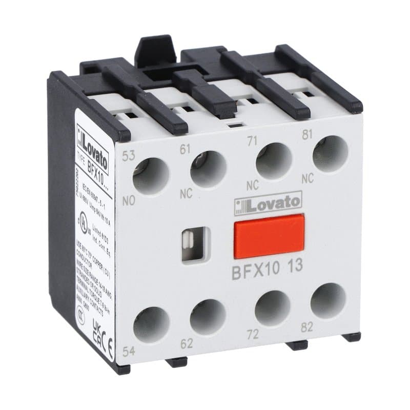 Lovato Electric BFX1013 BFX1013 Lovato - Auxiliary contact with front centre mounting. Screw terminals, for BF00, BF09...BF150 series contactors, 1NO+3NC Lovato Electric BFX1013 BFX1013 Lovato - Auxiliary contact with front centre mounting. Screw terminals, for BF00, BF09...BF150 series contactors, 1NO+3NC