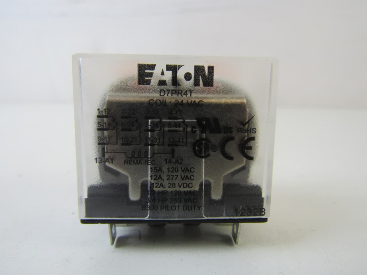 Eaton D7PR4T D7PR4T Eaton - D7 Series General Purpose Plug-In Relay, Plain cover, 24V coil, 84.5 Ohms resistance, Plug-in terminal, 4PDT contact configuration, 15A contact rating, Silver alloy contacts, IP40 enclosure Eaton D7PR4T D7PR4T Eaton - D7 Series General Purpose Plug-In Relay, Plain cover, 24V coil, 84.5 Ohms resistance, Plug-in terminal, 4PDT contact configuration, 15A contact rating, Silver alloy contacts, IP40 enclosure