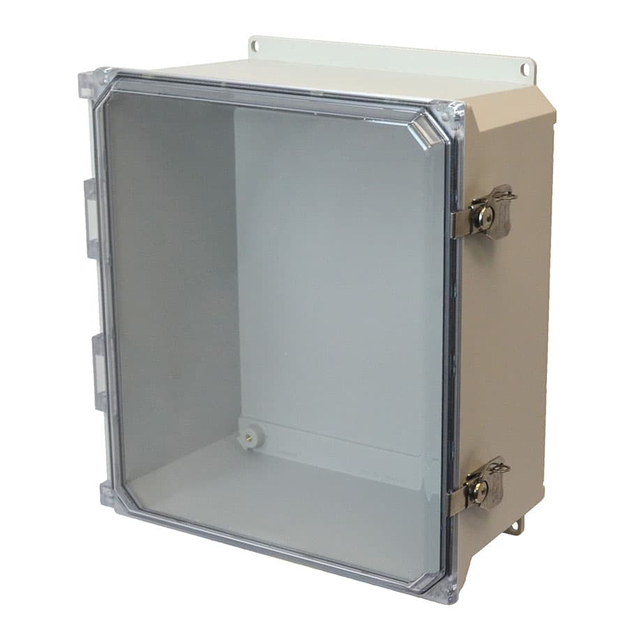 Allied Moulded Products AMU1206CCTF 12"x10"x6" ULTRALINE® fiberglass wall mount enclosure assembly with hinged clear cover and stainless-steel twist latch Allied Moulded Products AMU1206CCTF 12"x10"x6" ULTRALINE® fiberglass wall mount enclosure assembly with hinged clear cover and stainless-steel twist latch
