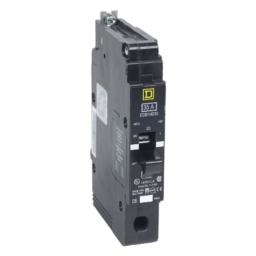 Schneider Electric EDB14050 Square D by Schneider Electric EDB14050 is a Miniature Circuit Breaker (MCB) designed for bolt-on mounting with a visual trip indicator. It features lugs type terminals and is rated for 277V AC. This MCB offers short-circuit and overload protection, functioning both as an Equipment Protection Device (EPD) and a Circuit Breaker (CB) with a breaking capacity code D. It utilizes an aluminium lugs connection and supports a rated current of 50A across 1 Pole(s). The cross-section compatibility ranges from 12-2/0AWG. Its short circuit breaking rating is specified at 25kA for 120Vac, 18kA for 240Vac, and 18kA for 277Vac. The EDB14050 employs a thermal-magnetic trip unit with protection settings at a trip unit rating of 1800A. Schneider Electric EDB14050 Square D by Schneider Electric EDB14050 is a Miniature Circuit Breaker (MCB) designed for bolt-on mounting with a visual trip indicator. It features lugs type terminals and is rated for 277V AC. This MCB offers short-circuit and overload protection, functioning both as an Equipment Protection Device (EPD) and a Circuit Breaker (CB) with a breaking capacity code D. It utilizes an aluminium lugs connection and supports a rated current of 50A across 1 Pole(s). The cross-section compatibility ranges from 12-2/0AWG. Its short circuit breaking rating is specified at 25kA for 120Vac, 18kA for 240Vac, and 18kA for 277Vac. The EDB14050 employs a thermal-magnetic trip unit with protection settings at a trip unit rating of 1800A.