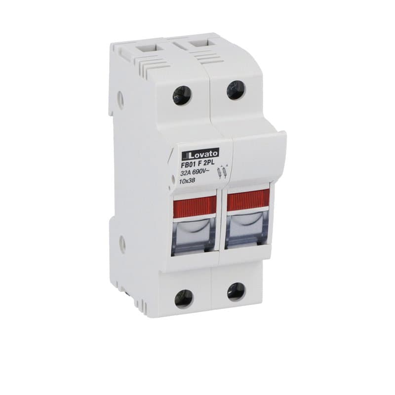 Lovato Electric FB01F2PL FB01F2PL Lovato - Fuse holder UL recognized and CSA certified, for 10X38mm fuses. 32A rated current at 690VAC, 2P. With status indicator. 2 modules Lovato Electric FB01F2PL FB01F2PL Lovato - Fuse holder UL recognized and CSA certified, for 10X38mm fuses. 32A rated current at 690VAC, 2P. With status indicator. 2 modules