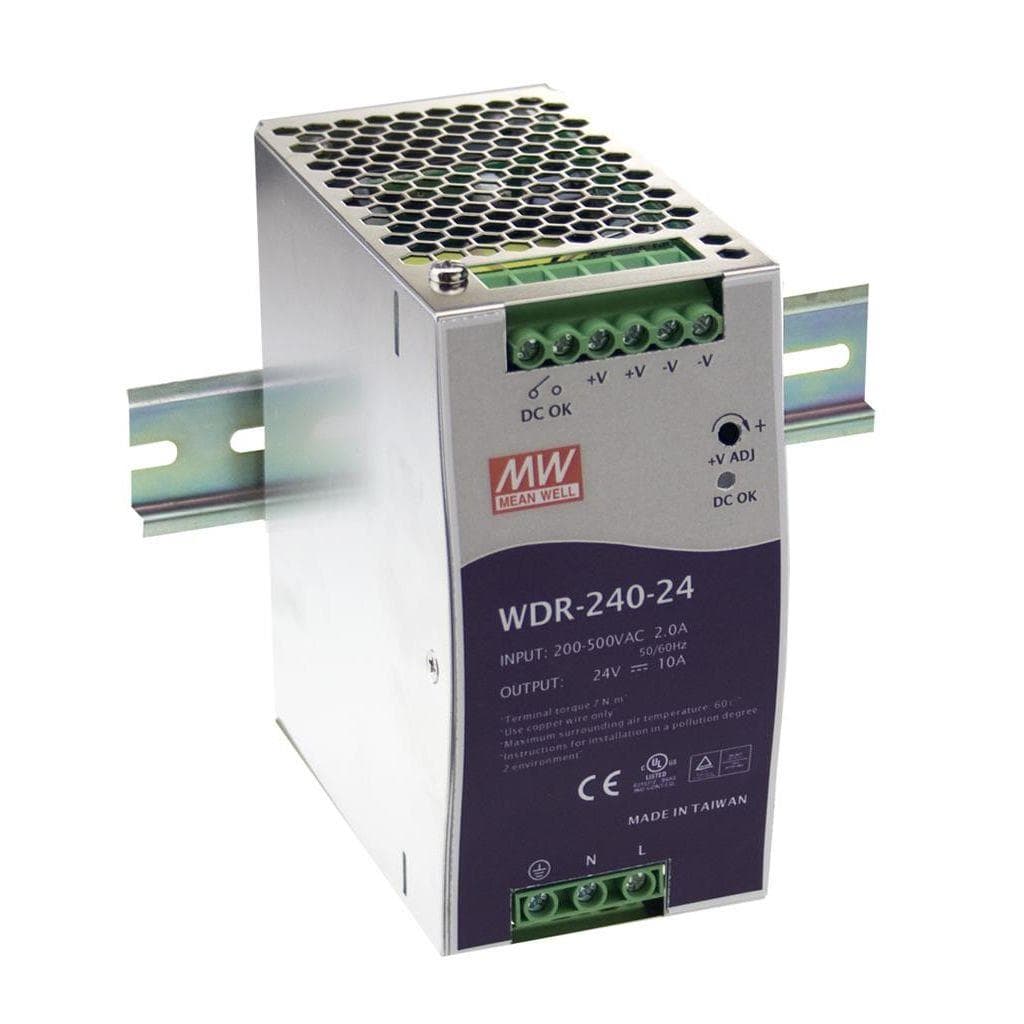 MEAN WELL WDR-240-24 AC-DC Industrial DIN rail power supply; Output 24Vdc at 10A; metal case; Ultra wide input 180-550Vac for single and two phase mains network MEAN WELL WDR-240-24 AC-DC Industrial DIN rail power supply; Output 24Vdc at 10A; metal case; Ultra wide input 180-550Vac for single and two phase mains network
