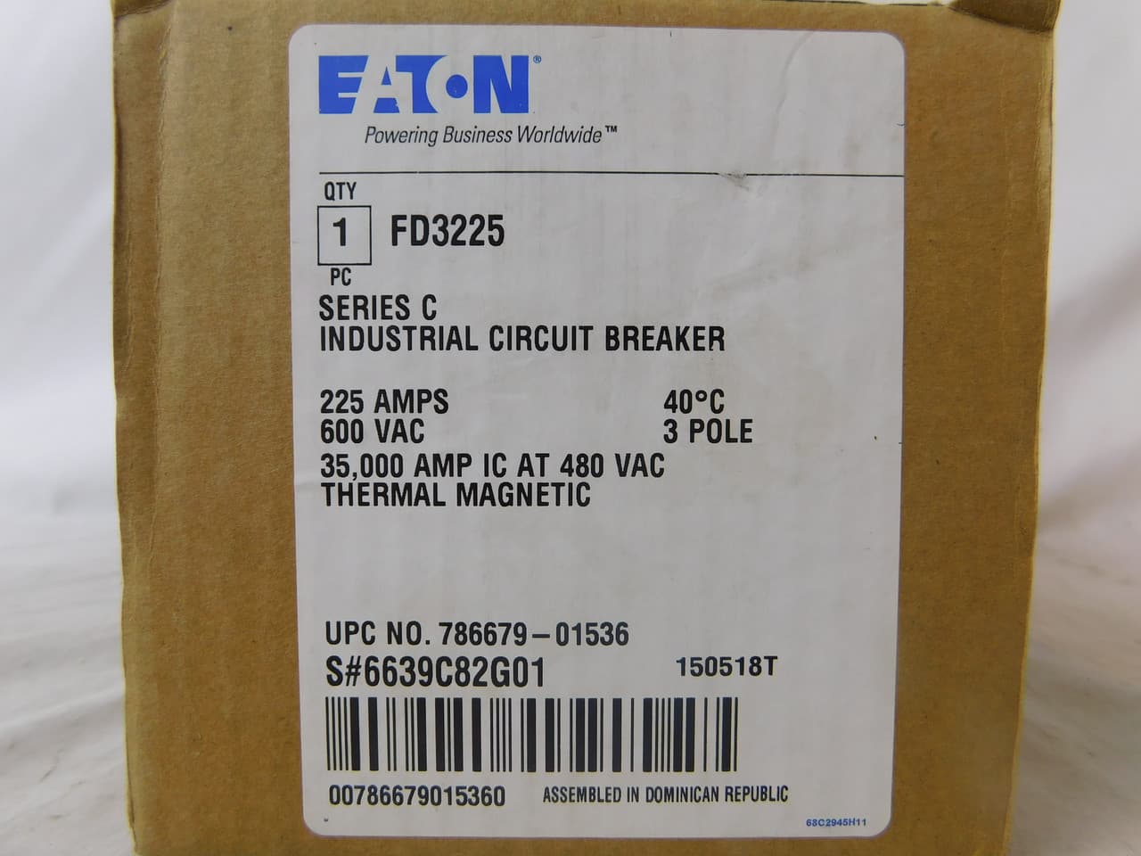 Eaton FD3225 FD3225 Eaton - Eaton Series C complete molded case circuit breaker, F-frame, FD, Complete breaker, Fixed thermal, Fixed magnetic trip type, Three-pole, 225 A, 600 Vac, 250 Vdc, 65 kAIC at 240 Vac, 35 kAIC at 480 Vac Eaton FD3225 FD3225 Eaton - Eaton Series C complete molded case circuit breaker, F-frame, FD, Complete breaker, Fixed thermal, Fixed magnetic trip type, Three-pole, 225 A, 600 Vac, 250 Vdc, 65 kAIC at 240 Vac, 35 kAIC at 480 Vac