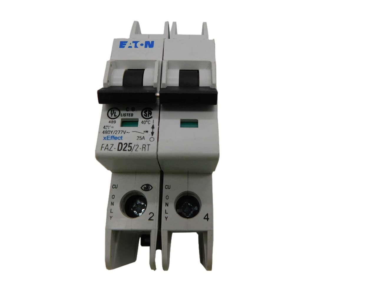 Eaton FAZ-D25/2-RT 277/480 VAC 50/60 Hz, 25 A, 2-Pole, 10/14 kA, 10 to 20 x Rated Current, Ring Tongue Terminal, DIN Rail Mount, Standard Packaging, D-Curve, Current Limiting, Thermal Magnetic Eaton FAZ-D25/2-RT 277/480 VAC 50/60 Hz, 25 A, 2-Pole, 10/14 kA, 10 to 20 x Rated Current, Ring Tongue Terminal, DIN Rail Mount, Standard Packaging, D-Curve, Current Limiting, Thermal Magnetic