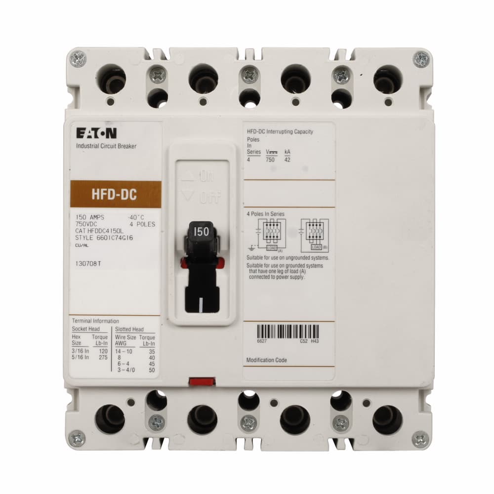 Eaton HFDDC4080L Eaton Series C DC/PvGard complete molded case circuit breaker, F-frame, HFD, Complete breaker, Fixed thermal, fixed magnetic trip type, Four-pole, 80A, 600 Vac, 250 Vdc, 42 kAIC at 600 Vac, Line and load, Vdc Eaton HFDDC4080L Eaton Series C DC/PvGard complete molded case circuit breaker, F-frame, HFD, Complete breaker, Fixed thermal, fixed magnetic trip type, Four-pole, 80A, 600 Vac, 250 Vdc, 42 kAIC at 600 Vac, Line and load, Vdc