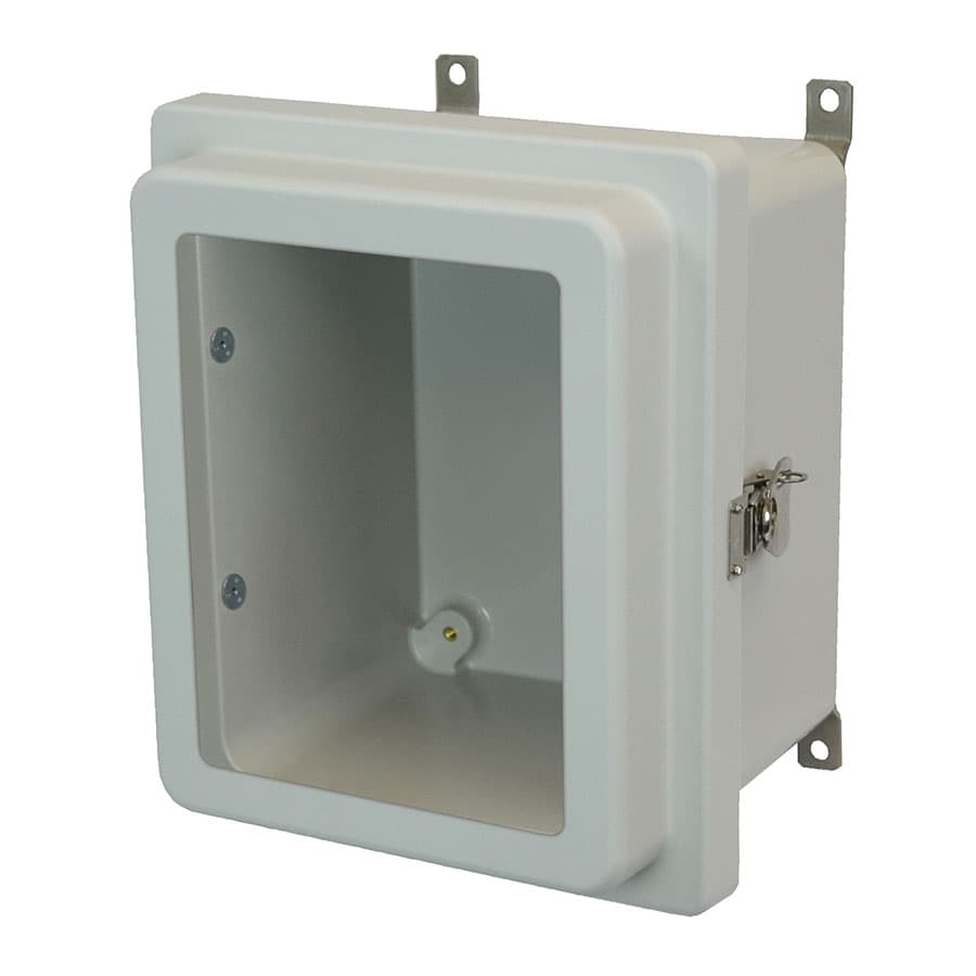 Allied Moulded Products AM1086RTW 10"x8"x6" AM-R Series fiberglass wall mount enclosure assembly with raised hinged window cover and stainless-steel twist latch Allied Moulded Products AM1086RTW 10"x8"x6" AM-R Series fiberglass wall mount enclosure assembly with raised hinged window cover and stainless-steel twist latch