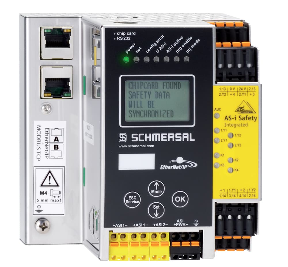 Schmersal ASMM-2M-EIP-MT-RRSS AS interface safety at work (archive); System components; 2 AS interface master integrated; Field bus gateway: EtherNet IP and ModbusTCP; Integrated safety monitor for 2 AS-i circuits, 256 Devices; 2 AS-i power supply unit decoupling with 2 x 4 A integrat Schmersal ASMM-2M-EIP-MT-RRSS AS interface safety at work (archive); System components; 2 AS interface master integrated; Field bus gateway: EtherNet IP and ModbusTCP; Integrated safety monitor for 2 AS-i circuits, 256 Devices; 2 AS-i power supply unit decoupling with 2 x 4 A integrat