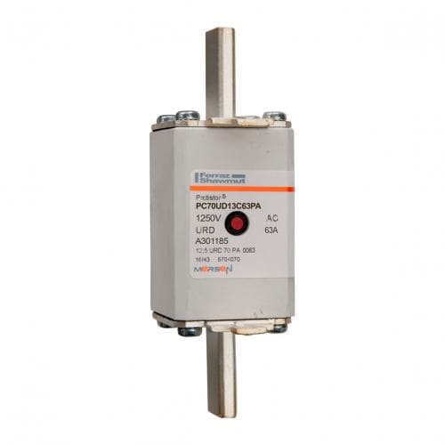 Mersen A301185 A301185 Mersen - Square Body High-Speed Fuse Protistor® Size 70 aR 1250VAC IEC 1300VAC UL 63A Striker Plain Blades Mersen A301185 A301185 Mersen - Square Body High-Speed Fuse Protistor® Size 70 aR 1250VAC IEC 1300VAC UL 63A Striker Plain Blades