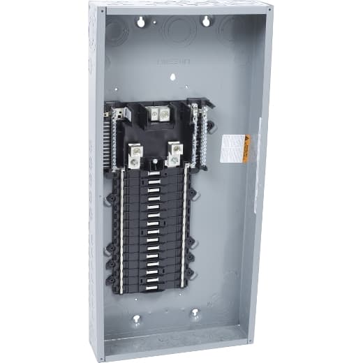 Schneider Electric QO130L200PWG Square D by Schneider Electric QO130L200PWG is a load center designed for single-phase (1PH-3W) networks with a rated voltage of 120Vac/240Vac. It features a QOM1 frame size and supports Plug-on-Neutral (PoN) connections. This load center is rated for a current of 200A and is equipped with lugs for its connection type. The dimensions of this product are H758mm x W362mm (H29.84" x W14.25"), providing 30 spaces for up to 30 single pole circuits. It offers a short circuit breaking rating of 65kA. The QO130L200PWG is housed in a welded sheet steel enclosure with a tin-plated copper busbar, ensuring durability and conductivity. It is designed to meet NEMA 1 standards for protection. Schneider Electric QO130L200PWG Square D by Schneider Electric QO130L200PWG is a load center designed for single-phase (1PH-3W) networks with a rated voltage of 120Vac/240Vac. It features a QOM1 frame size and supports Plug-on-Neutral (PoN) connections. This load center is rated for a current of 200A and is equipped with lugs for its connection type. The dimensions of this product are H758mm x W362mm (H29.84" x W14.25"), providing 30 spaces for up to 30 single pole circuits. It offers a short circuit breaking rating of 65kA. The QO130L200PWG is housed in a welded sheet steel enclosure with a tin-plated copper busbar, ensuring durability and conductivity. It is designed to meet NEMA 1 standards for protection.