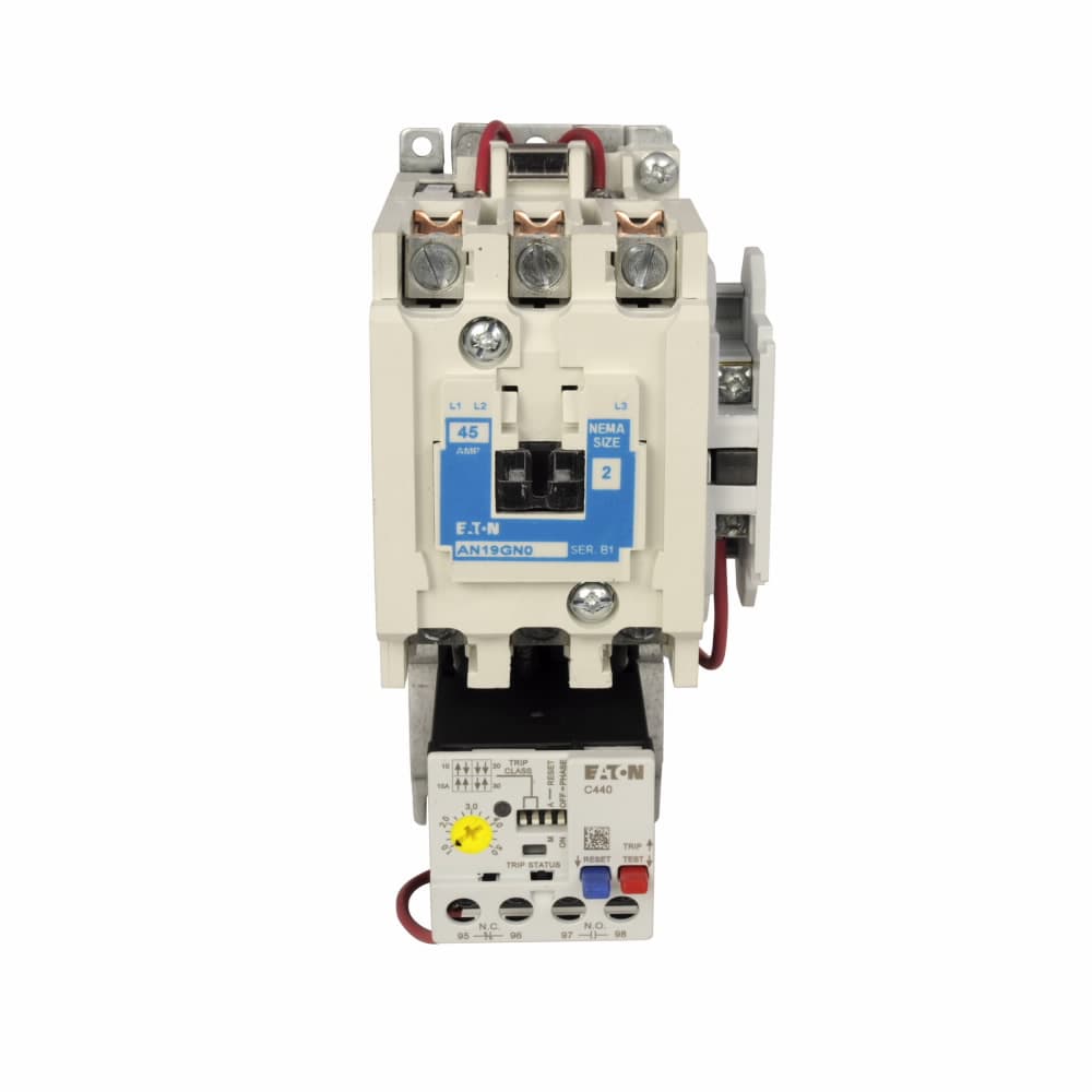 Eaton AN19GN0A5E045-84 AN19GN0A5E045-84 Eaton - Eaton Freedom NEMA motor control starter,NEMA Non-reversing Freedom Series starter,With C440 EOLR Std Feature set,SEL Reset,SEL Class (10A,10,20,30),Bulk Packg,120V/60 Hz or 110V/50 Hz coil voltage,Horizntl mount,45A,9-45A fla range,Size 2 Eaton AN19GN0A5E045-84 AN19GN0A5E045-84 Eaton - Eaton Freedom NEMA motor control starter,NEMA Non-reversing Freedom Series starter,With C440 EOLR Std Feature set,SEL Reset,SEL Class (10A,10,20,30),Bulk Packg,120V/60 Hz or 110V/50 Hz coil voltage,Horizntl mount,45A,9-45A fla range,Size 2