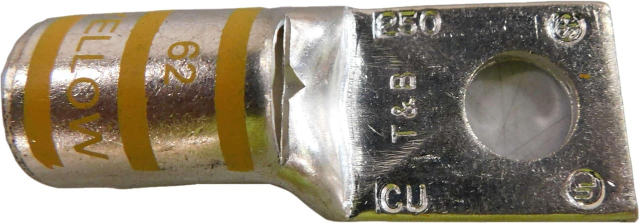 Thomas & Betts 54113 600 V to 35 kV, 1/2" Stud, 2.6" L, 250 KCMIL, Yellow, Electro Tin Plated Wrought Copper, 1-Hole, Standard, Straight Barrel, Compression Cable Lug Thomas & Betts 54113 600 V to 35 kV, 1/2" Stud, 2.6" L, 250 KCMIL, Yellow, Electro Tin Plated Wrought Copper, 1-Hole, Standard, Straight Barrel, Compression Cable Lug
