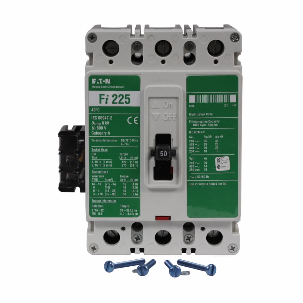 Eaton FI3050L FI3050L Eaton - Eaton Series C complete molded case circuit breaker, F-frame, FI, Complete breaker, Thermal-magnetic trip type, Three-pole, 50A, 480 Vac, 14 kAIC at 480 Vac, Line and load, International Eaton FI3050L FI3050L Eaton - Eaton Series C complete molded case circuit breaker, F-frame, FI, Complete breaker, Thermal-magnetic trip type, Three-pole, 50A, 480 Vac, 14 kAIC at 480 Vac, Line and load, International