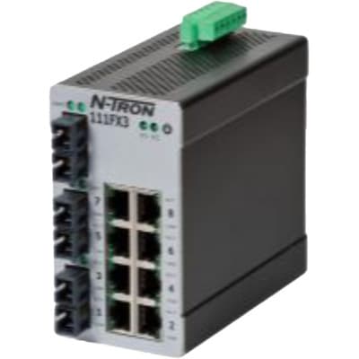 Red Lion 111FX3-SC Red Lion 111FX3-SC is an industrial Ethernet switch designed to facilitate network communications. It operates with a supply voltage range of 10-49Vdc, supporting 12Vdc, 24Vdc, and 48Vdc with redundant power inputs. This switch features 8 RJ45 ports supporting 10/100BaseTX and 3 fiber optic SC connectors for multi-mode fiber with a 2km rated optical length, suitable for 100BaseFX current rating. It is designed to withstand ambient air temperatures for storage from -40 to +80 degrees Celsius. The 111FX3-SC is housed in a metallic case, adheres to an IP30 rated voltage for protection, and utilizes DIN rail technology for mounting. This 11-port switch is part of the N-Tron 100 series, as indicated by its UNSPSC code. Red Lion 111FX3-SC Red Lion 111FX3-SC is an industrial Ethernet switch designed to facilitate network communications. It operates with a supply voltage range of 10-49Vdc, supporting 12Vdc, 24Vdc, and 48Vdc with redundant power inputs. This switch features 8 RJ45 ports supporting 10/100BaseTX and 3 fiber optic SC connectors for multi-mode fiber with a 2km rated optical length, suitable for 100BaseFX current rating. It is designed to withstand ambient air temperatures for storage from -40 to +80 degrees Celsius. The 111FX3-SC is housed in a metallic case, adheres to an IP30 rated voltage for protection, and utilizes DIN rail technology for mounting. This 11-port switch is part of the N-Tron 100 series, as indicated by its UNSPSC code.
