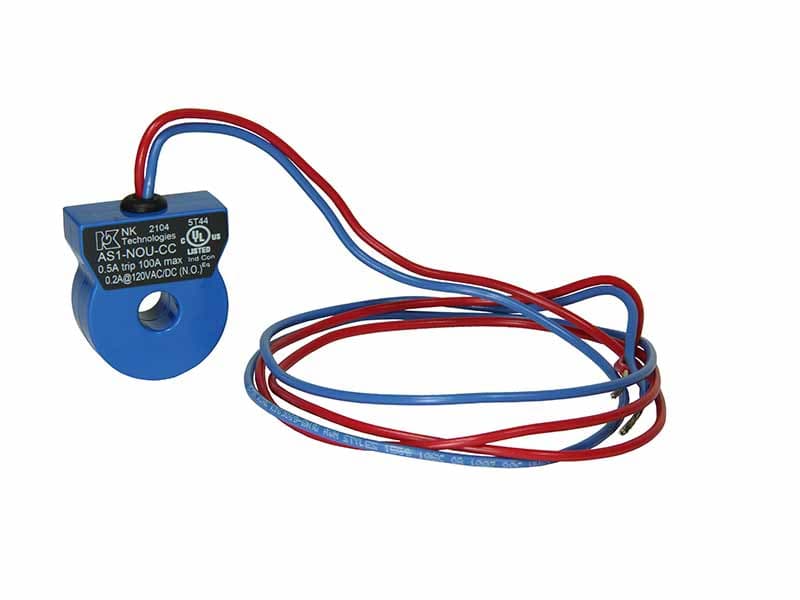NK Technologies AS1-NCU-CC AC Current Switch, Solid Core, Fixed 0.5 Amp Maximum Setpoint, Top Terminals with 24" Leads, N.C., 0.15 A @ 120 VAC/VDC NK Technologies AS1-NCU-CC AC Current Switch, Solid Core, Fixed 0.5 Amp Maximum Setpoint, Top Terminals with 24" Leads, N.C., 0.15 A @ 120 VAC/VDC