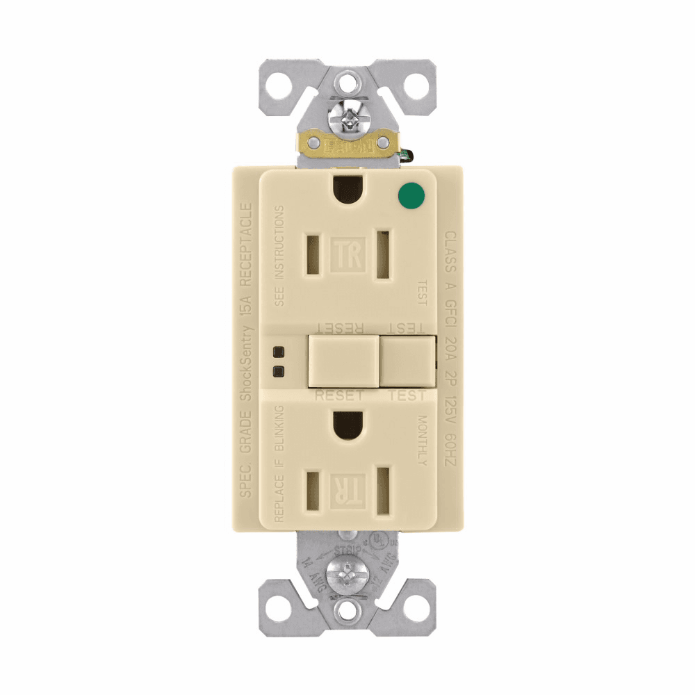 Eaton TRSGFH15V TRSGFH15V Eaton - Eaton hospital grade GFCI receptacle,Tamper resistant,Self-test,#14 - 10 AWG,15A,Residential,Commercial,Flush,125 V,GFCI,Back and side wire,Ivory,Brass,Receptacle,Tamper resistant,Nylon,5-15R,Two-pole, three-wire, grounding Eaton TRSGFH15V TRSGFH15V Eaton - Eaton hospital grade GFCI receptacle,Tamper resistant,Self-test,#14 - 10 AWG,15A,Residential,Commercial,Flush,125 V,GFCI,Back and side wire,Ivory,Brass,Receptacle,Tamper resistant,Nylon,5-15R,Two-pole, three-wire, grounding