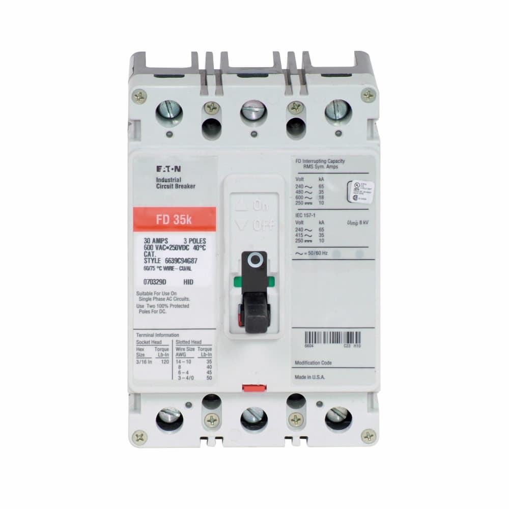 Eaton FD3080 FD3080 Eaton - Eaton Series C complete molded case circuit breaker, F-frame, FD, Complete breaker, Fixed thermal, Fixed magnetic trip type, Three-pole, 80 A, 600 Vac, 250 Vdc, Load side, 50/60 Hz Eaton FD3080 FD3080 Eaton - Eaton Series C complete molded case circuit breaker, F-frame, FD, Complete breaker, Fixed thermal, Fixed magnetic trip type, Three-pole, 80 A, 600 Vac, 250 Vdc, Load side, 50/60 Hz